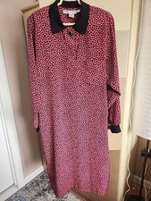 Vintage Ms Chaus Pink Leopard Print Midi Dress Long Sleeve Black Collar Size 14