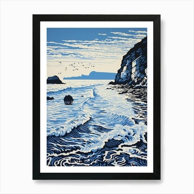 Linocut Of Blackpool Sands Devon 3  Framed Wall Art Poster Canvas Print Picture