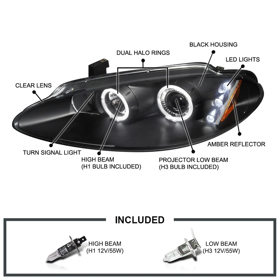 Black Fits 1998-2004 Dodge Intrepid LED Halo Projector Headlights Lamps L+R - Image 3 of 4