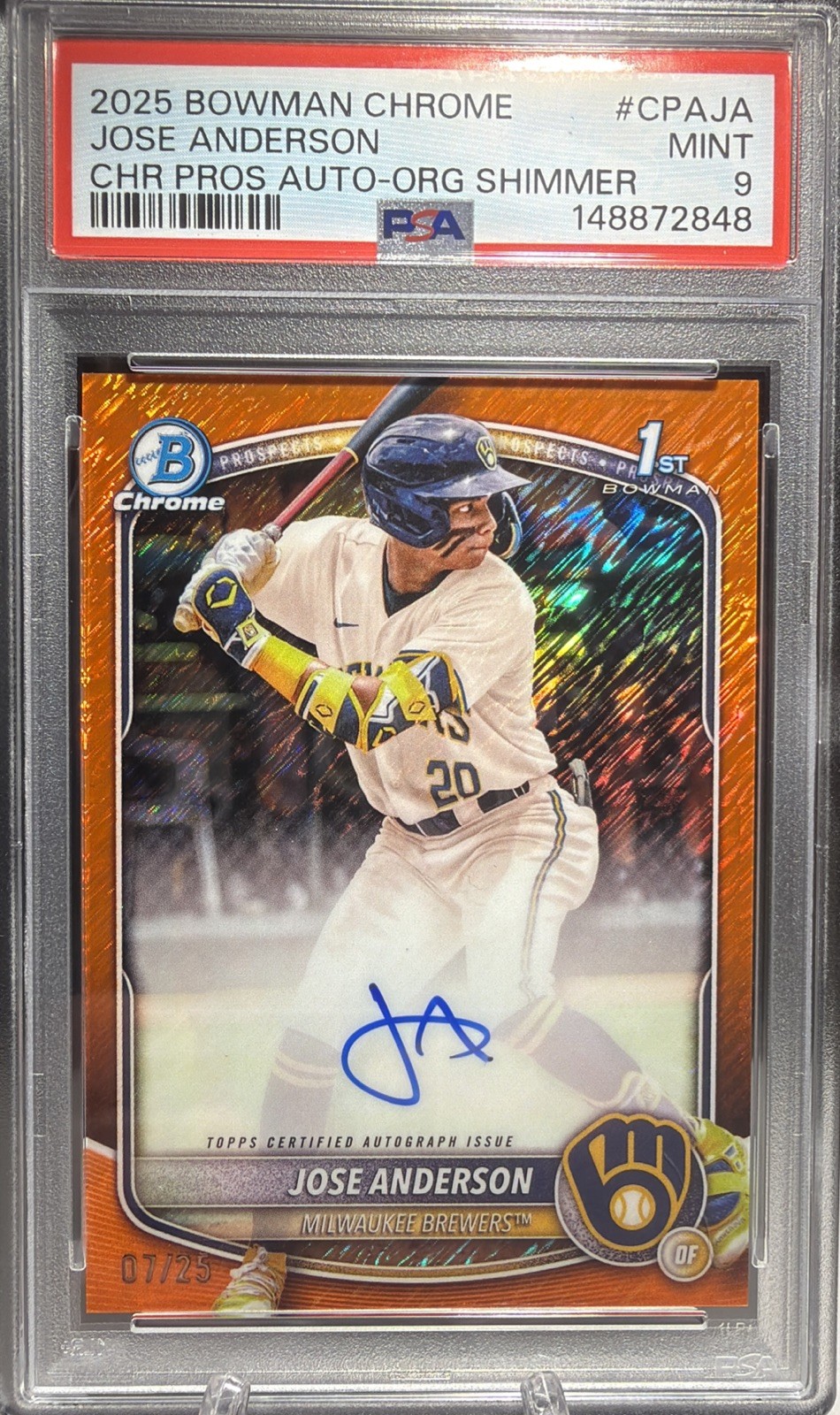 2025 BOWMAN CHROME JOSE ANDERSON 1ST CHROME ORANGE SHIMMER REFRACTOR AUTO #/25