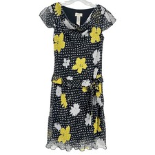 Vintage Ombre Black Polka Dot Floral Chiffon Dress Flutter Sleeve Sz 9/10