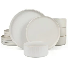 Star Dinnerware Sets, Plates and Bowls Set for 4, 12 Pieces Ribbed Dishes - C...
