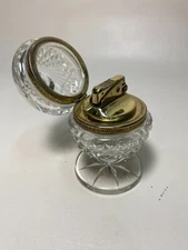 Vintage Crystal Table Lighter With Hinged Lid Gold Toned 4.5" Tall