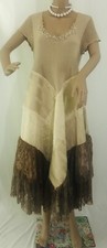 L Handmade Beige& Brown Patchwork Knit & Satin Beaded Embroidered Dress