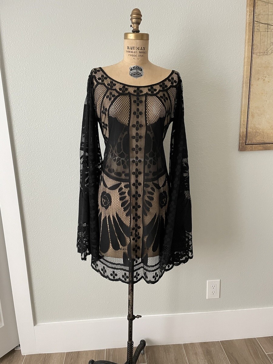 Bohemian Black Bell Sleeve Stevie Nicks Wedding Dress made w Vintage lace  Large | eBay
