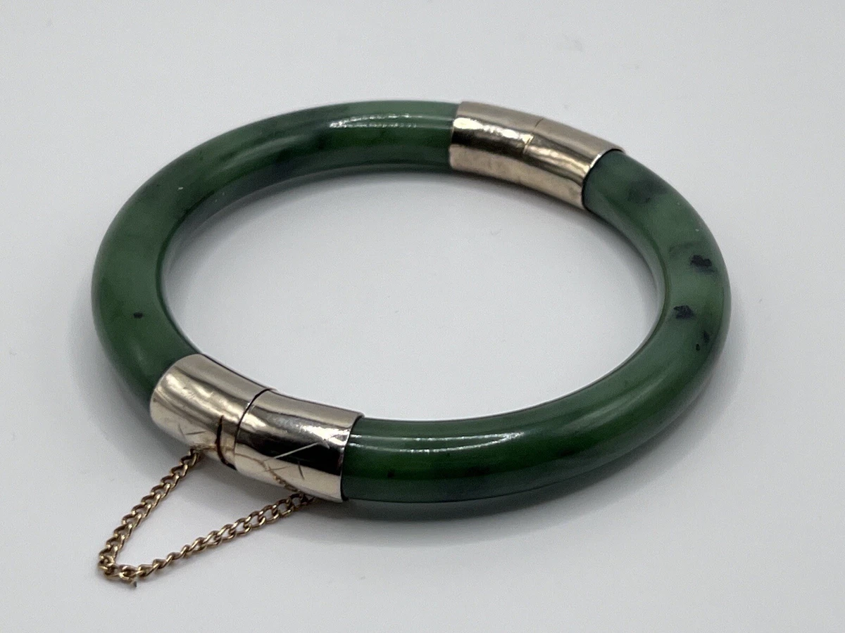 Vintage Jade Bracelet Hinged Bangle Etched Gold Safety Chain Clasp