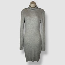 Enza Costa Women's Gray Silk Rib-Knit Turtleneck Long Sleeve Dress Size M