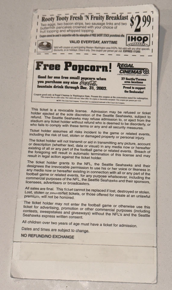 Seattle Seahawks Broncos Season NFL Football Ticket Stub 11/17/2002  - Image 2 of 2