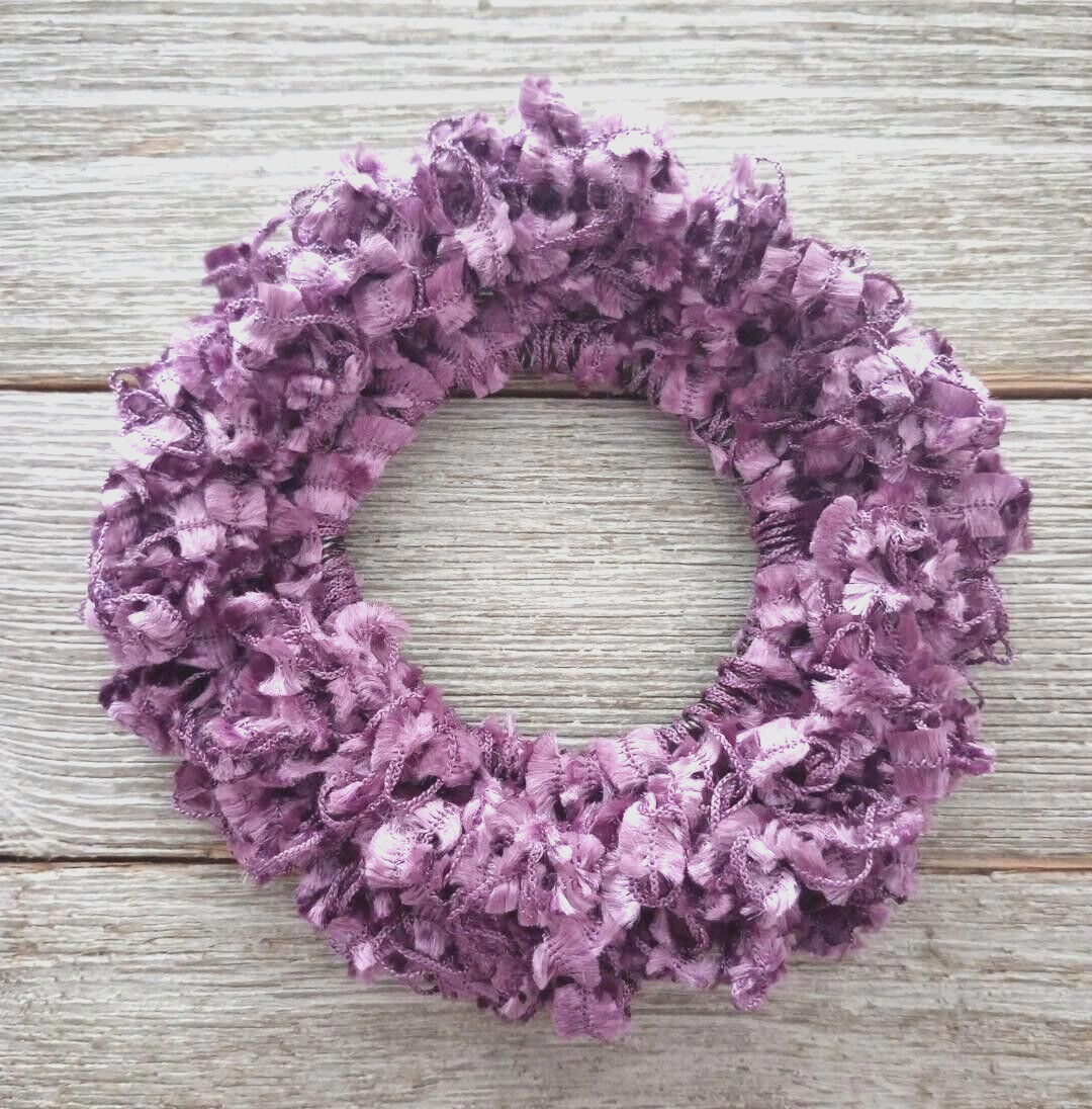 crochet handmade hair scrunchie ribbon pony tail holder lilac purple cluster