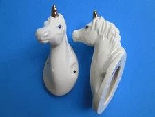 2 Ceramic UNICORN Heads Wall Mount WHITE w/ GOLD HORNS  by Nadyne