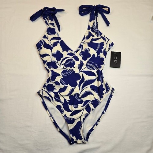 Kate Spade Hombro Pajarita Cuello Una Pieza Traje de Baño Azul Blanco Floral Talla S Nuevo con Etiquetas - Imagen 2 de 9