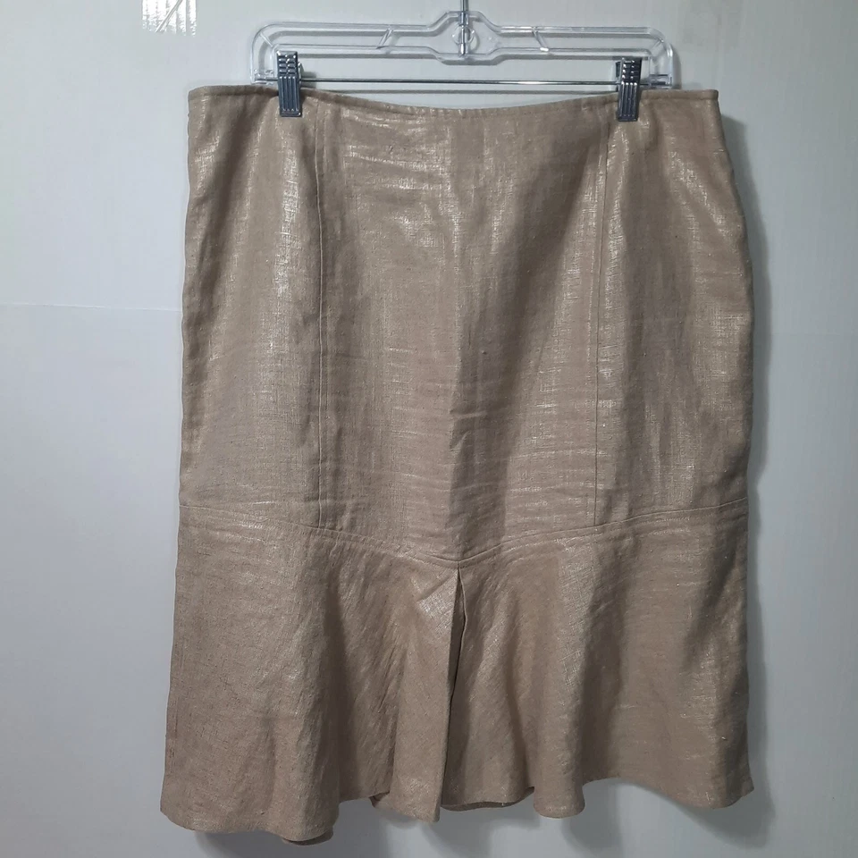 Falda Dana Buchman. 100% Lino Tostado Metálico Brillante Línea A Talla 14 Carrera Vacaciones Foto 3 de 4