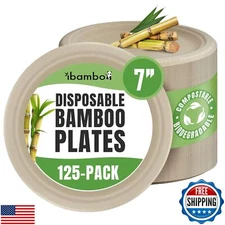 ibambo Bamboo Small Compostable Plates (125-Pack, 7-inch) | Sturdy and Microw