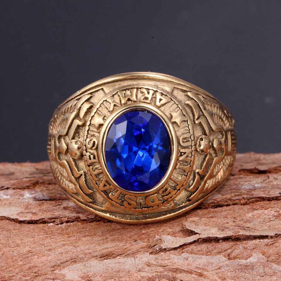 Vintage Blue CZ Eagle US Army Ring Stainless Steel Veteran Ring Gold Size 7-13 - Image 2 of 4