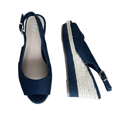 M&S Keilabsatz Damen Sandalen Navy UK 5 EU 38 Slingback Wide Fit Espadrille Denim sehr guter Zustand