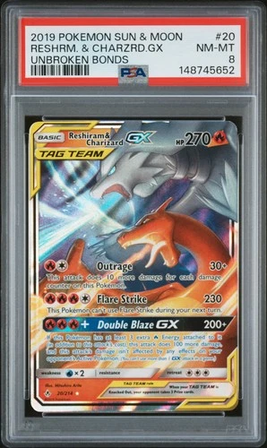 2019 POKEMON SUN & MOON UNBROKEN BONDS #20 RESHIRAM & CHARIZARD GX PSA 8