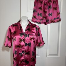 Their Nibs Y2K Satin Bow Pajama Set Pink Shorts Button Top Small