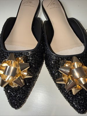 #ad Black Antonio Melani x The Nat Note Estrella Textured Gold Bow Dress Mules 9.5 $60.00