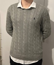 Men's Ralph Lauren Cable Knit Jumper Grey Size M Sweater 100 Cotton Old money