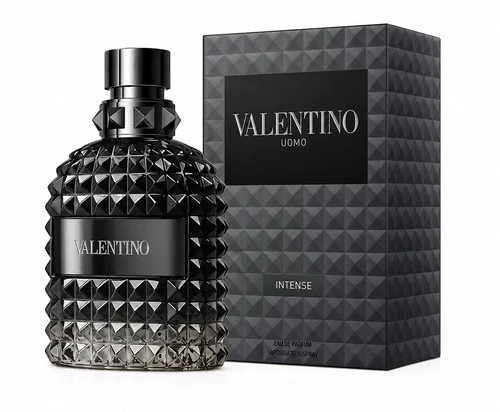 Black Valentino Uomo Intense Eau de Parfum bottle with silver pyramid-patterned design and matching box.