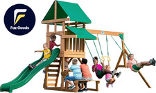 Backyard Discovery Belmont Cedar Wood Swing Set with Wave Slide Play Deck Rock