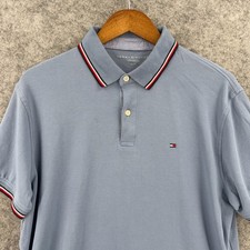 Tommy Hilfiger Polo Shirt Mens Large Blue Solid Tipped Collar Flag Logo Cotton
