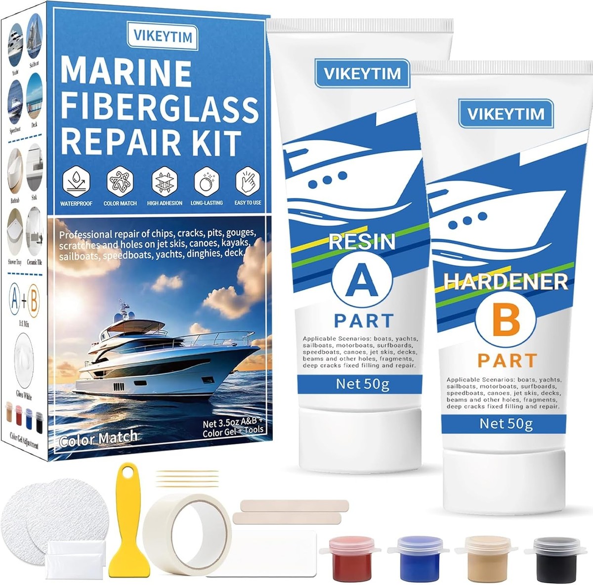 2-Pack Marine Fiberglass Repair Kit – Gel Coat & Epoxy For Boats, Kayaks, Fix Holes & Cracks