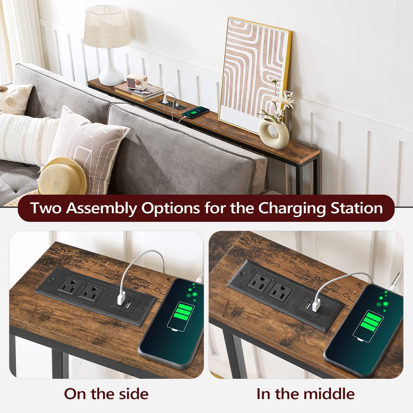 MAHANCRIS Skinny Console Table with Power Outlets, 55.1 Narrow Sofa Table, Be...