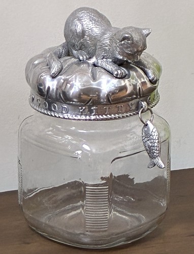 Arthur Court Good Kitty Cast Lid Cat Cookie Treat Jar Glass Canister Kitten Fish