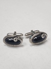 Vintage Black Onyx Cuff Links Silver Tone Oval Snake Design By Swank