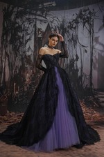 Gothic Purple+Black Prom Dresses A-line Zipper Back Long Sleeve Sweep Train