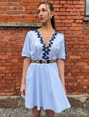 Sandro Dress Blue Cotton Embroidered Short Sleeve Midi Size 2 UK 10