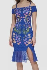 Guess Women's Blue Embroidered-Lace Cold-Shoulder Dress Size 8