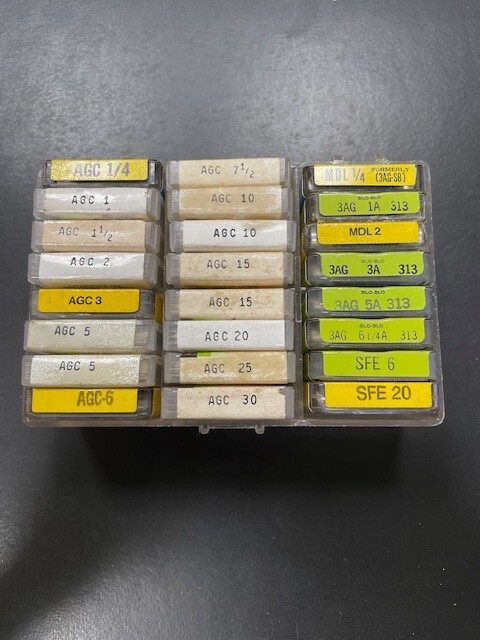 120 AGC (3AG, MDL) and SFE Automotive Fuses in Vintage Tins and Plastic Cases
