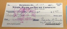 Earle Combs Signed By Wife Full Check 1927 New York Yankees  HOF 1970's
