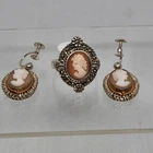 Vintage Sterling Silver 925 Hand-Carved Cameo Ring and Earrings set, gift