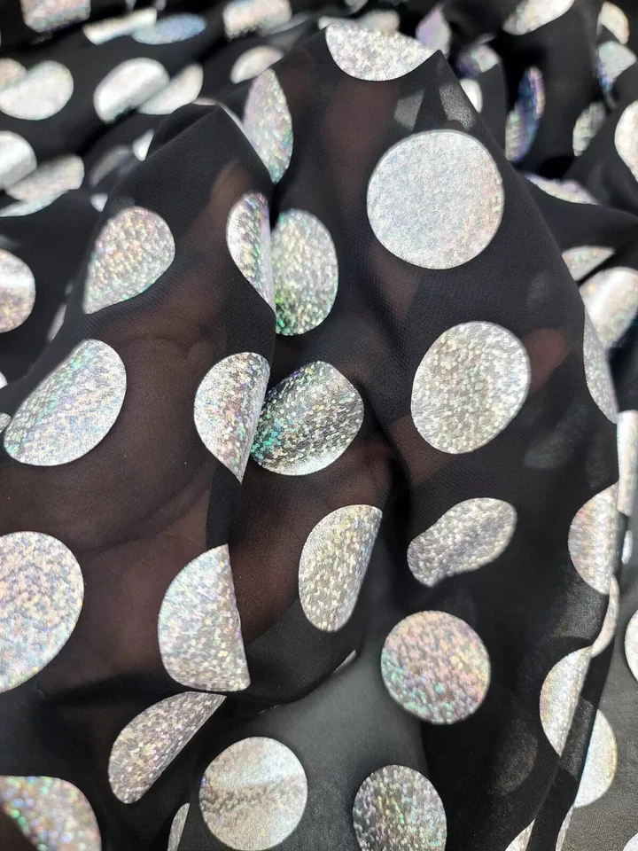 Tela de gasa de poliéster transparente NEGRO vendida por yarda plateada IRIDISCENTE lunares Foto 2 de 4