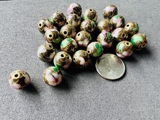 24 Pcs Cloisonn  10mm Round Brown  Gold Floral Beads Artisan Jewelry Making Lot