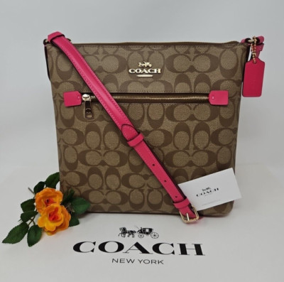   Coach Rowan Signature File Bag Khaki/Bold Pink *AUTHENTIC*  