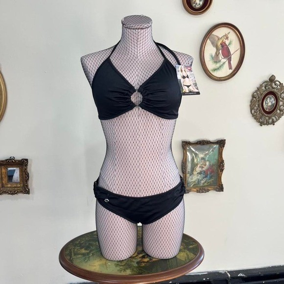 Vintage Y2K Coquette Black Microfibre Bikini Set w/ Ring Details – Low Rise