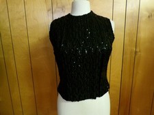 Vintage Black Sequined Blouse Tank UNION TAG Back Zip