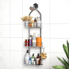 Shower Caddy Hanging Silver , Adjustable Anti-Swing-Over the Shower Head Caddy,