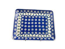 Polish Pottery Peacock Blue Green Pattern Large Rectangular Baker