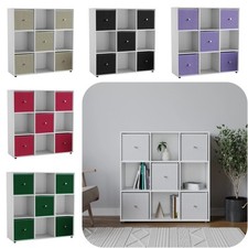Libreria 9 cubi ripiano ampio portaoggetti con 5 cassetti colorati in tessuto bianco