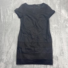 Ann Taylor Shift Dress Womens 0 Black Lace Detail Split V-Neck Zip Up Cap Sleeve