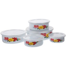 5Pcs Enamel Bowls with Lids Food Soup Bowls Fruit Fresh Containers Household