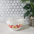 Pyrex Friendship Small Mixing Bowl 401 1.5 pt with Lid Birds Flowers Orange Red