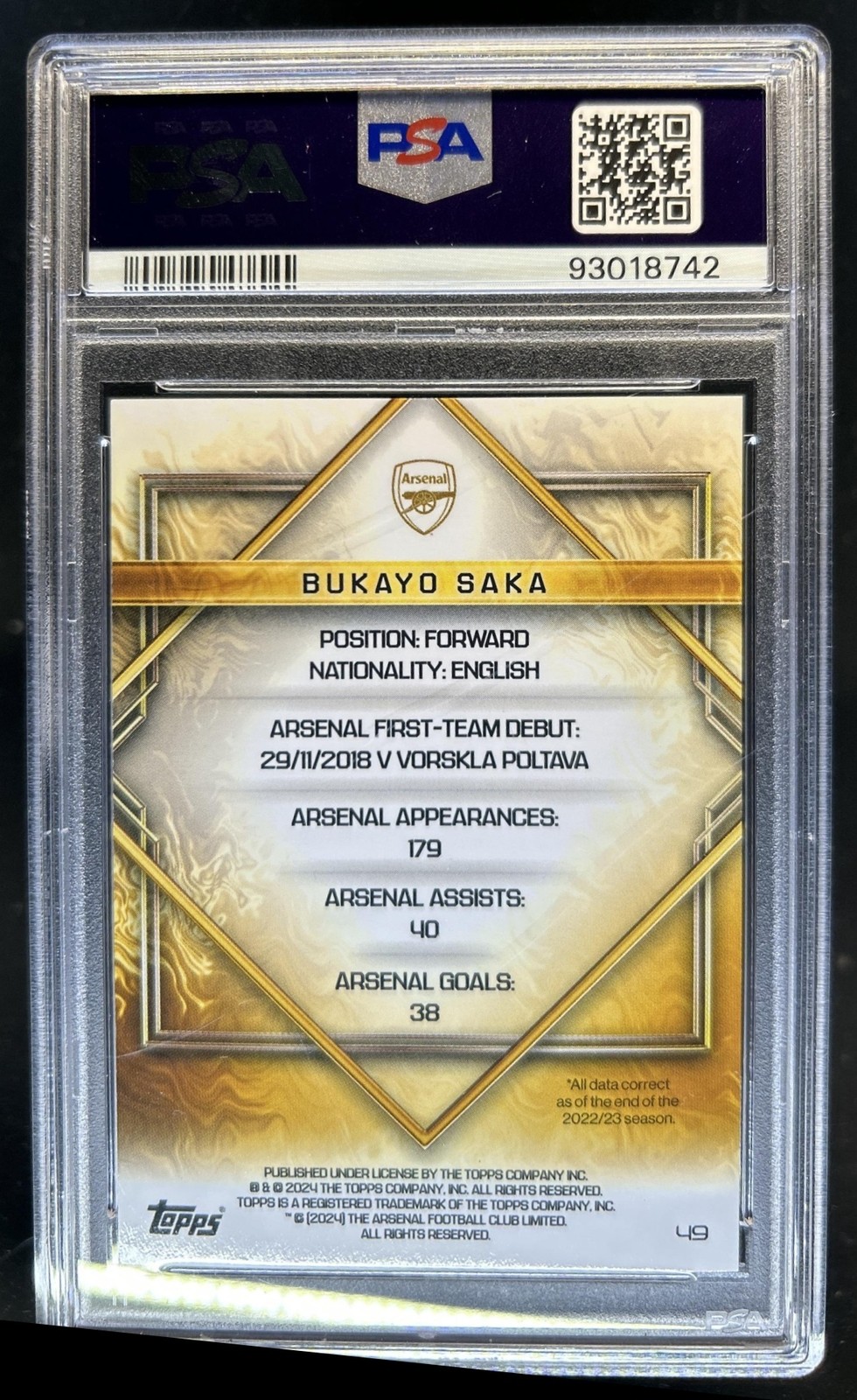 2023-24 Topps Arsenal Team Bukayo Saka Teal #/125 PSA 10 GEM MINT view 2