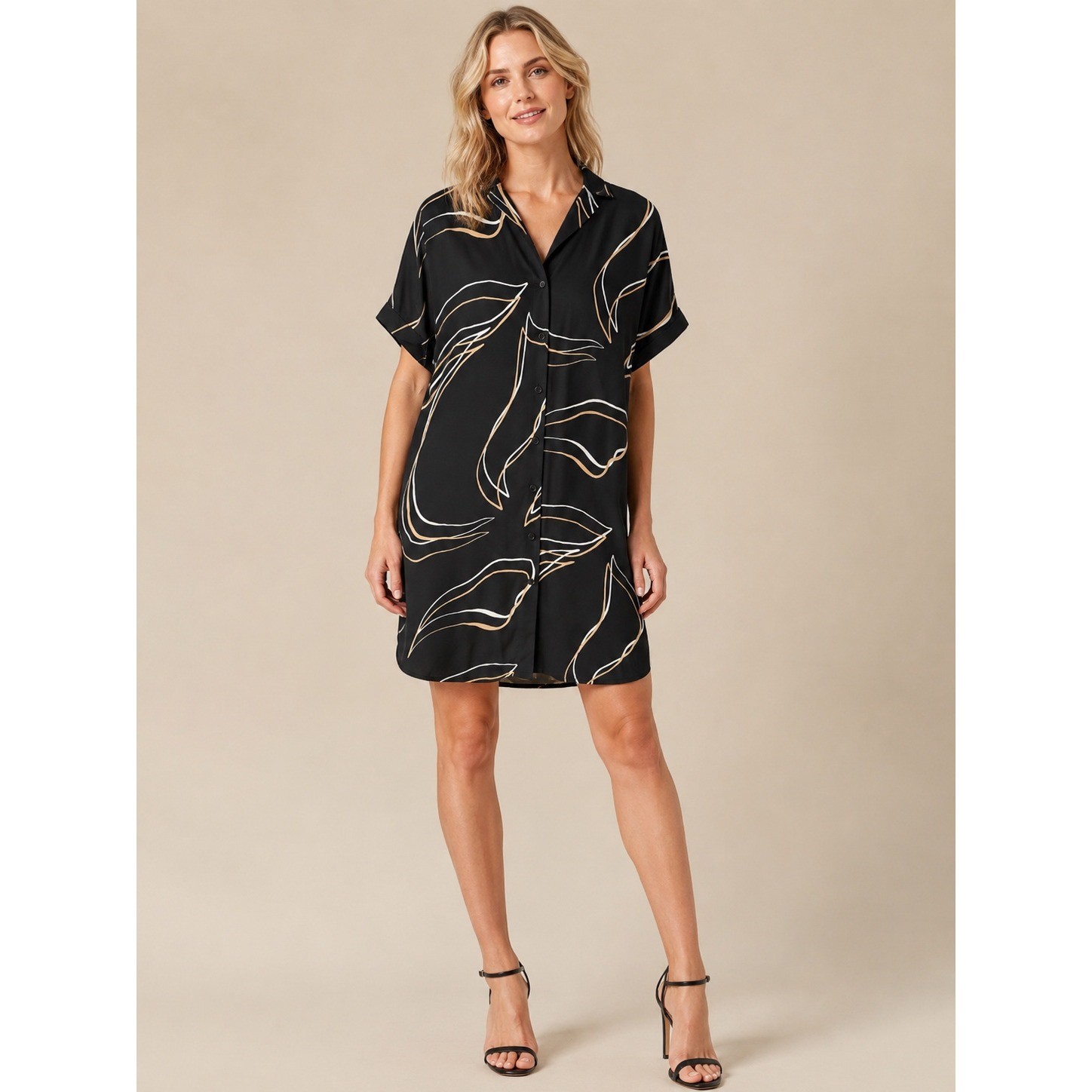 Lafayette 148 New York Black Abstract Leaf Print Viscose Shirt Dress Size M