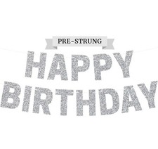 Pre-Strung Happy Birthday Banner No DIY Silver Glitter Birthday Banner 2 Pack